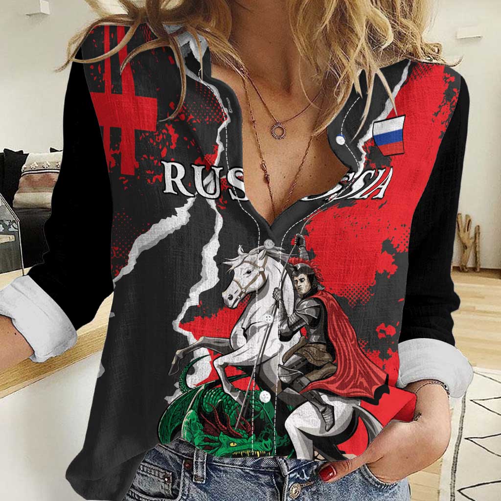 Russia Knight Fighting With Dragon Women Casual Shirt Grunge Style - Wonder Print Shop