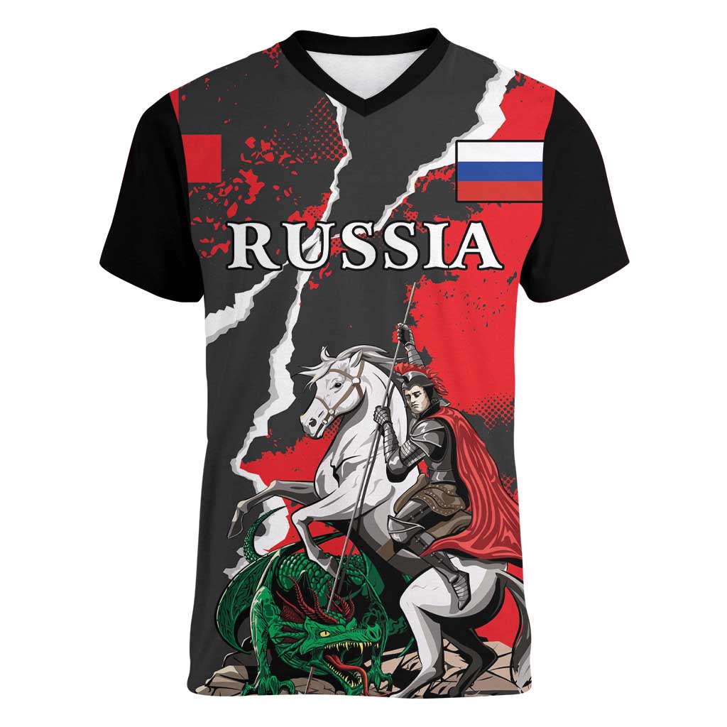 Russia Knight Fighting With Dragon Women V-Neck T-Shirt Grunge Style - Wonder Print Shop