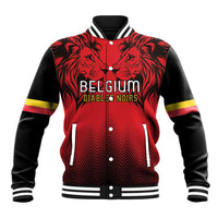 Red and black varsity baseball jacket with lion head graphic, snap front, striped collar