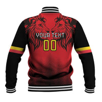 Red and black varsity baseball jacket back with lion graphic, 'YOUR TEXT' and '00'