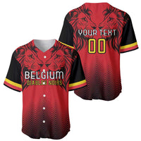 Front and back red/black rugby baseball jerseys with lion design, Belgium text, and number 00