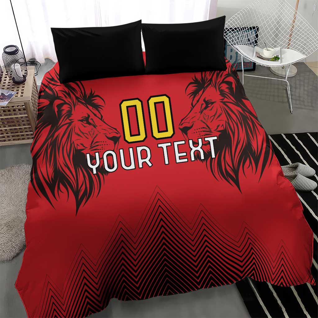 Red bedding set with '00' and 'YOUR TEXT' lion graphic, two black pillowcases