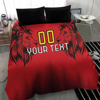 Red bedding set with '00' and 'YOUR TEXT' lion graphic, two black pillowcases