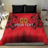 Red duvet cover with lion head and 'YOUR TEXT' print, matching two black pillowcases