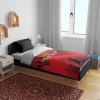 Red duvet cover and two black pillowcases with lion head, 'YOUR TEXT' text, chevrons