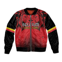 Red and black bomber jacket with zip front, Belgium graphic, and striped sleeve details