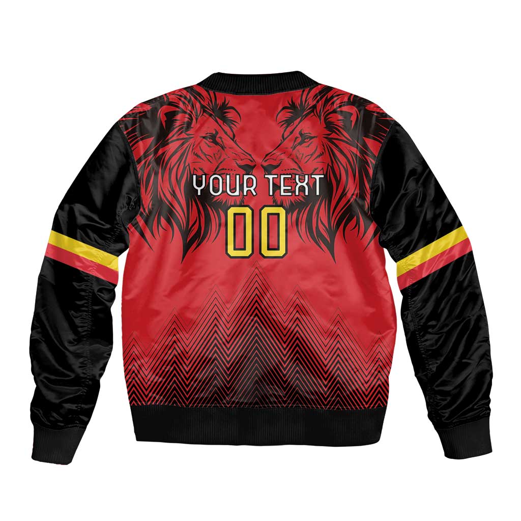 Red and black bomber jacket with back graphic 'YOUR TEXT 00' and ribbed collar cuffs