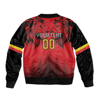 Red and black bomber jacket with back graphic 'YOUR TEXT 00' and ribbed collar cuffs