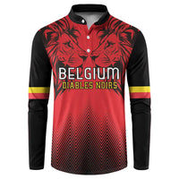 Red/black rugby button sweatshirt with lion graphic, Belgium text, and yellow sleeve stripes