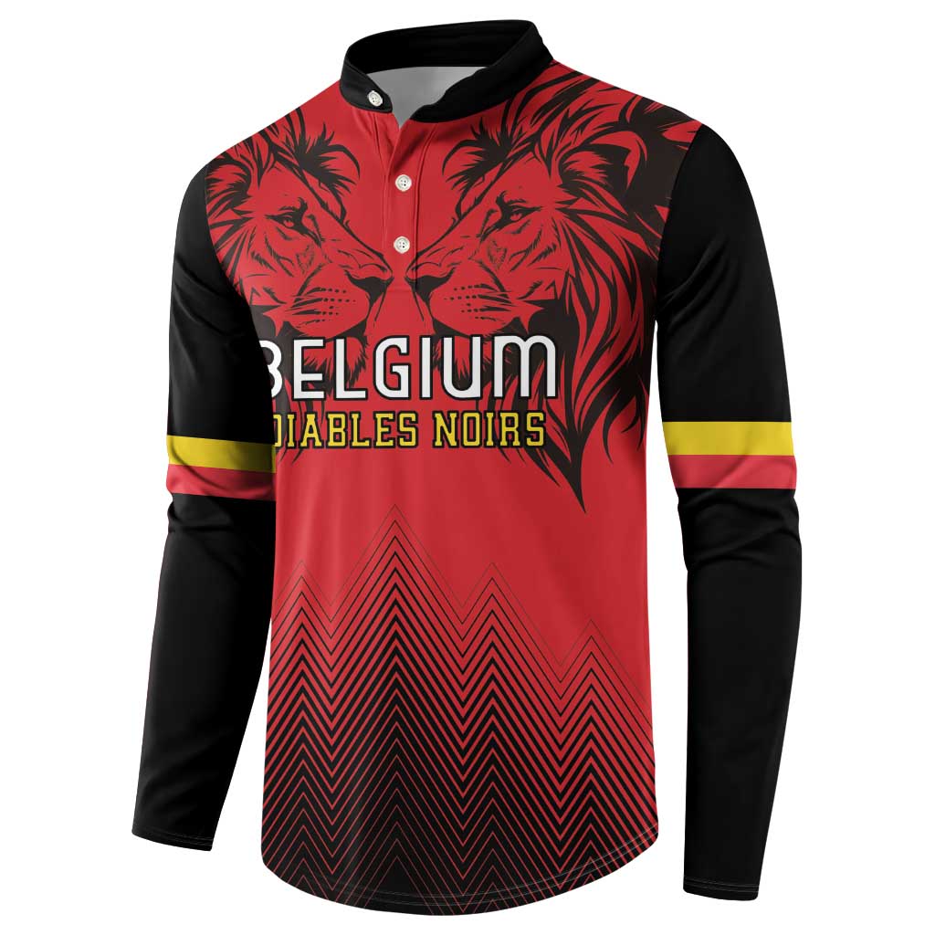 Red/black rugby button sweatshirt with lion graphic, Belgium Diables Noirs text, yellow stripes