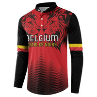 Red/black rugby button sweatshirt with lion graphic, Belgium Diables Noirs text, yellow stripes