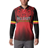 Red/black rugby button sweatshirt front with Belgium Diables Noirs lion graphic and yellow stripes