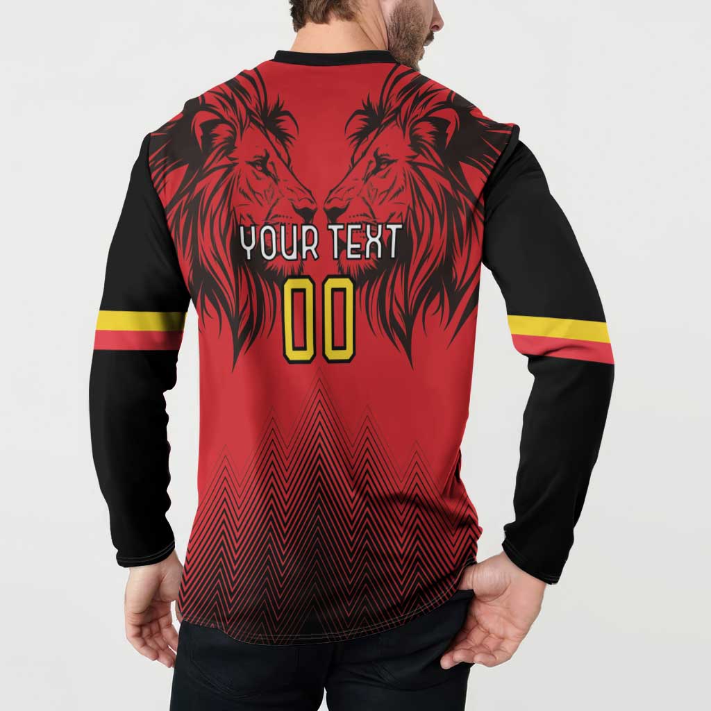 Red/black rugby button sweatshirt back with lion graphic and custom 'YOUR TEXT' 00