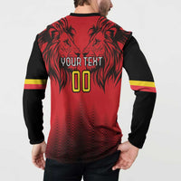 Red/black rugby button sweatshirt back with lion graphic and custom 'YOUR TEXT' 00