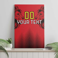 Red canvas wall art featuring “00 YOUR TEXT” lettering, black lion graphics, and zigzag waves