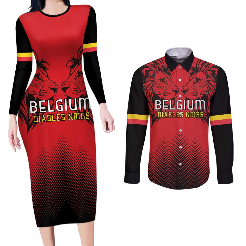 Custom Belgium Rugby Couples Matching Long Sleeve Bodycon Dress and Long Sleeve Button Shirt Diables Noirs Lion Head