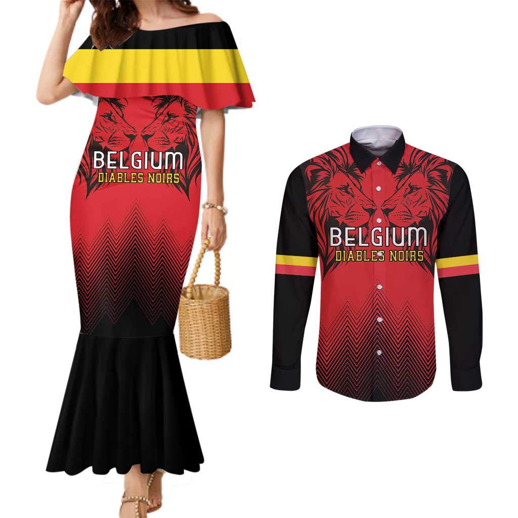 Custom Belgium Rugby Couples Matching Mermaid Dress and Long Sleeve Button Shirt Diables Noirs Lion Head