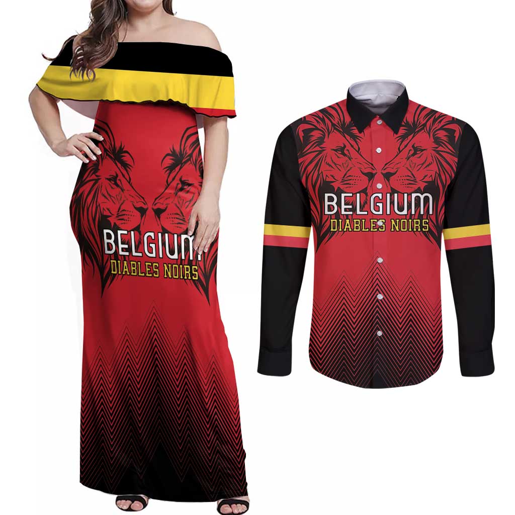 Custom Belgium Rugby Couples Matching Off Shoulder Maxi Dress and Long Sleeve Button Shirt Diables Noirs Lion Head