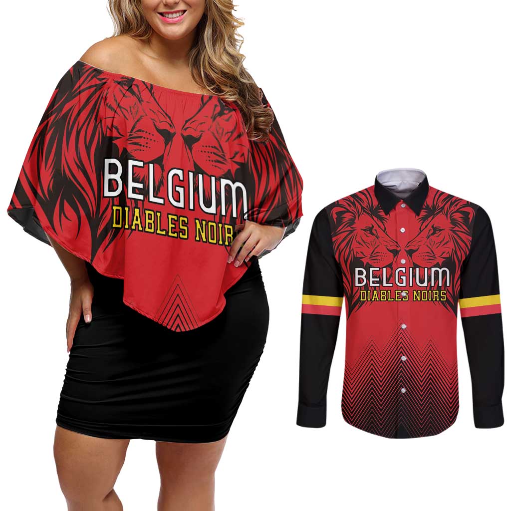 Custom Belgium Rugby Couples Matching Off Shoulder Short Dress and Long Sleeve Button Shirt Diables Noirs Lion Head