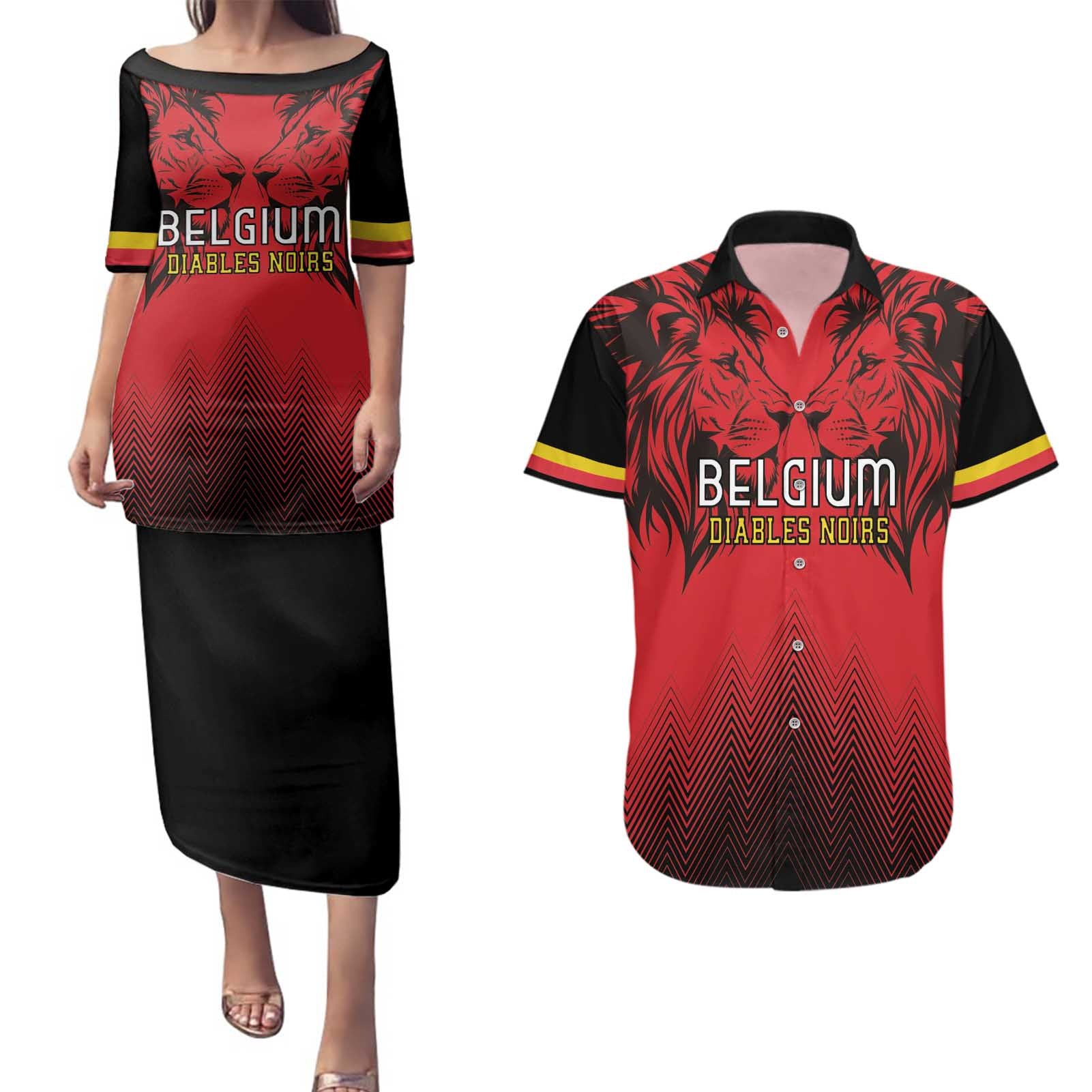 Custom Belgium Rugby Couples Matching Puletasi and Hawaiian Shirt Diables Noirs Lion Head