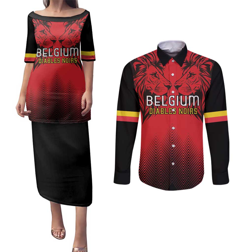 Custom Belgium Rugby Couples Matching Puletasi and Long Sleeve Button Shirt Diables Noirs Lion Head