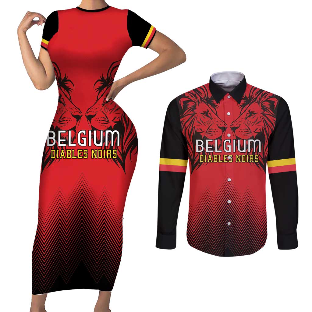 Custom Belgium Rugby Couples Matching Short Sleeve Bodycon Dress and Long Sleeve Button Shirt Diables Noirs Lion Head