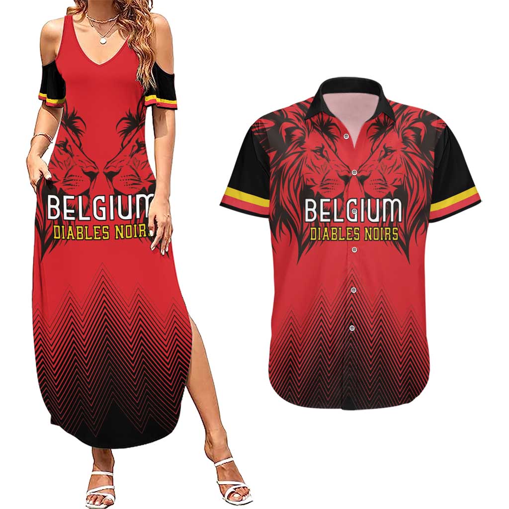 Custom Belgium Rugby Couples Matching Summer Maxi Dress and Hawaiian Shirt Diables Noirs Lion Head