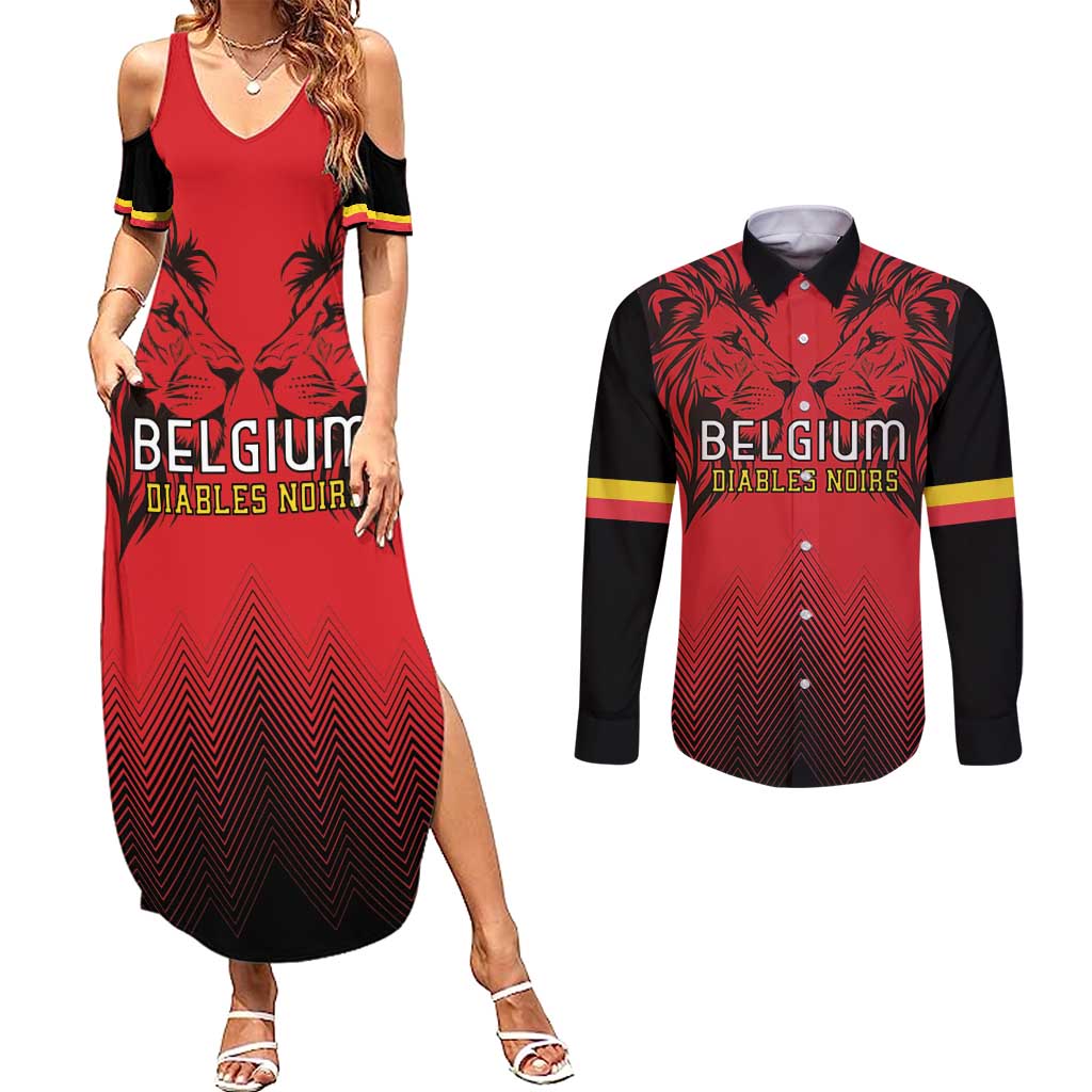 Custom Belgium Rugby Couples Matching Summer Maxi Dress and Long Sleeve Button Shirt Diables Noirs Lion Head