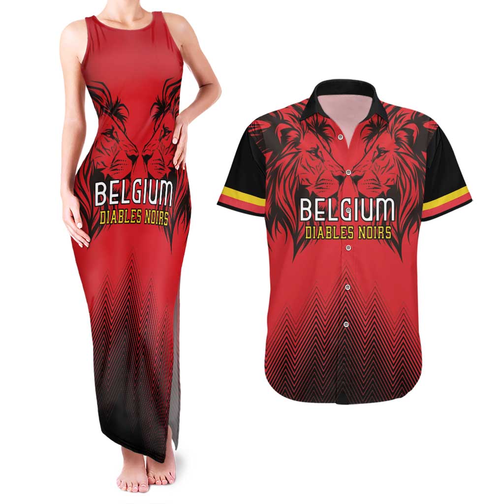 Custom Belgium Rugby Couples Matching Tank Maxi Dress and Hawaiian Shirt Diables Noirs Lion Head