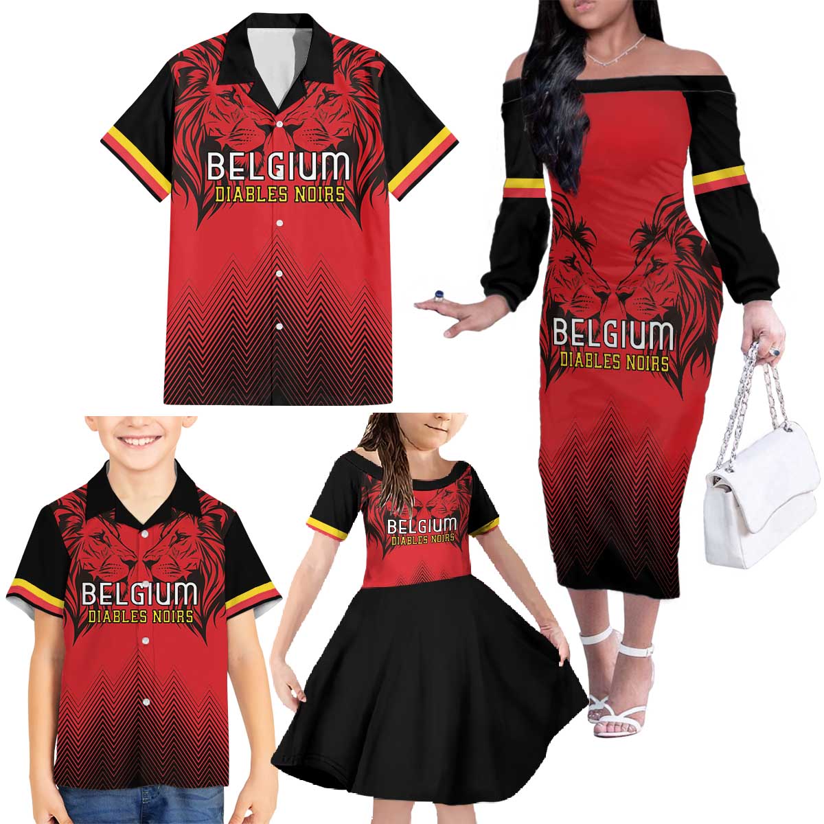 Custom Belgium Rugby Family Matching Off The Shoulder Long Sleeve Dress and Hawaiian Shirt Diables Noirs Lion Head