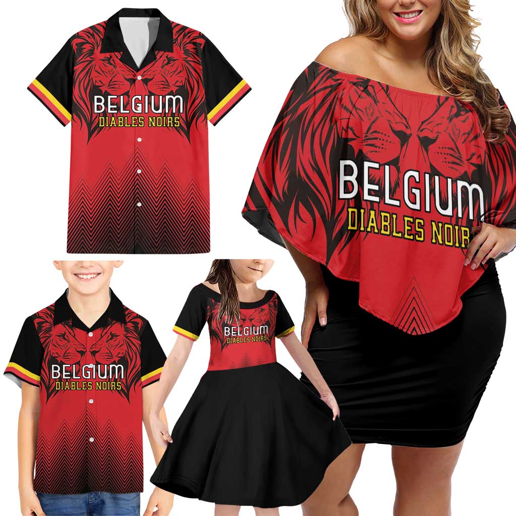 Custom Belgium Rugby Family Matching Off Shoulder Short Dress and Hawaiian Shirt Diables Noirs Lion Head