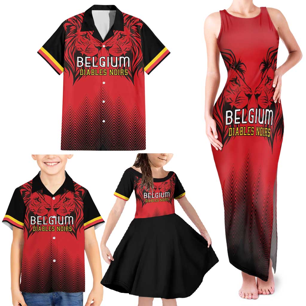 Custom Belgium Rugby Family Matching Tank Maxi Dress and Hawaiian Shirt Diables Noirs Lion Head - Wonder Print Shop