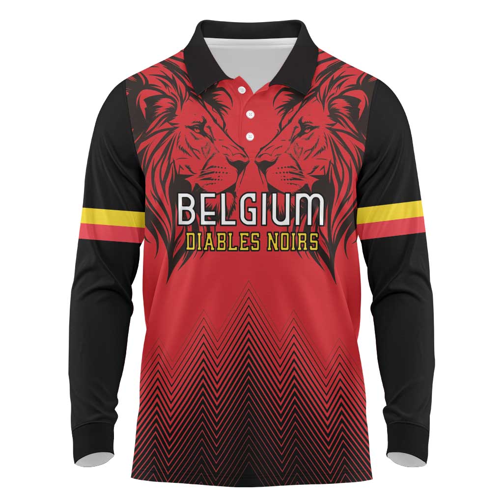 Custom Belgium Rugby Long Sleeve Polo Shirt Diables Noirs Lion Head - Wonder Print Shop