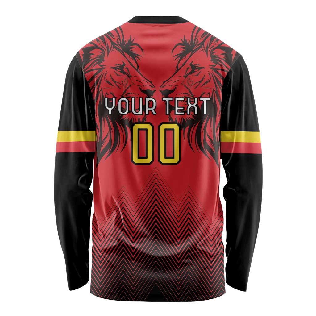 Red and black long-sleeve rugby shirt with back text 'YOUR TEXT 00', lion pattern, striped sleeves
