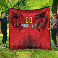 Red quilt blanket spread outdoors with black palm graphics, gold “00” and “YOUR TEXT”