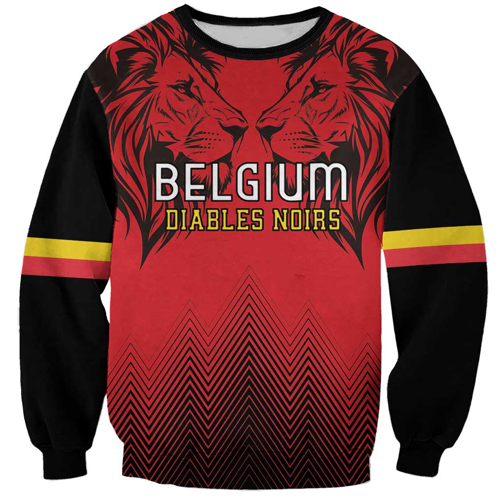 Red and black rugby sweatshirt with lion head graphic and Belgium Diables Noirs text