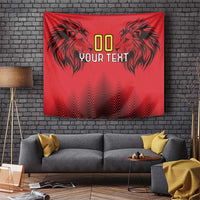 Red tapestry with black lion heads, zigzag pattern, and bold 'YOUR TEXT' placeholder