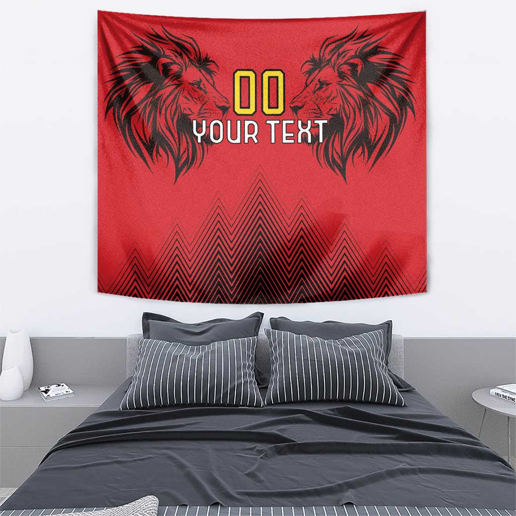 Red rugby tapestry with black lion faces, zigzag pattern, and 'YOUR TEXT' graphic