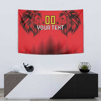 Red rugby tapestry with black lion heads, zigzag pattern, and 'YOUR TEXT' design