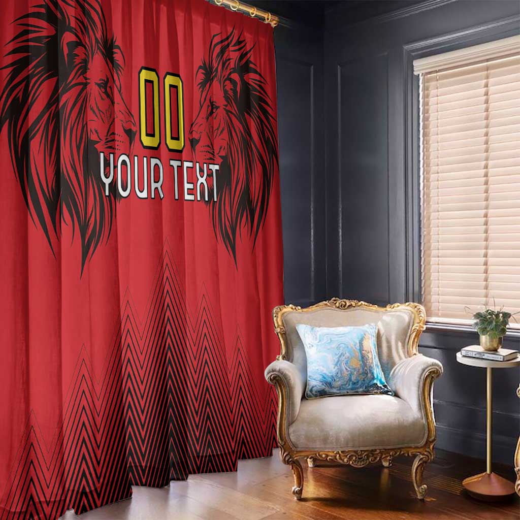 Red curtain panels with black lion head art and 'YOUR TEXT' placeholder design.