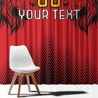 Red curtain panel with black lion heads, 'YOUR TEXT' lettering, and zigzag motif.