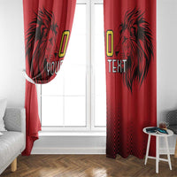 Red window curtain panels with black lion heads and bold 'YOUR TEXT' center print.