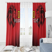 Red window curtain panels with black lion head graphics and 'YOUR TEXT' with zigzag motif.