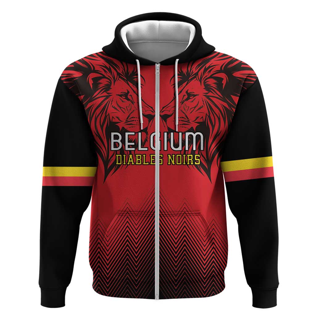 Custom Belgium Rugby Zip Hoodie Diables Noirs Lion Head - Wonder Print Shop