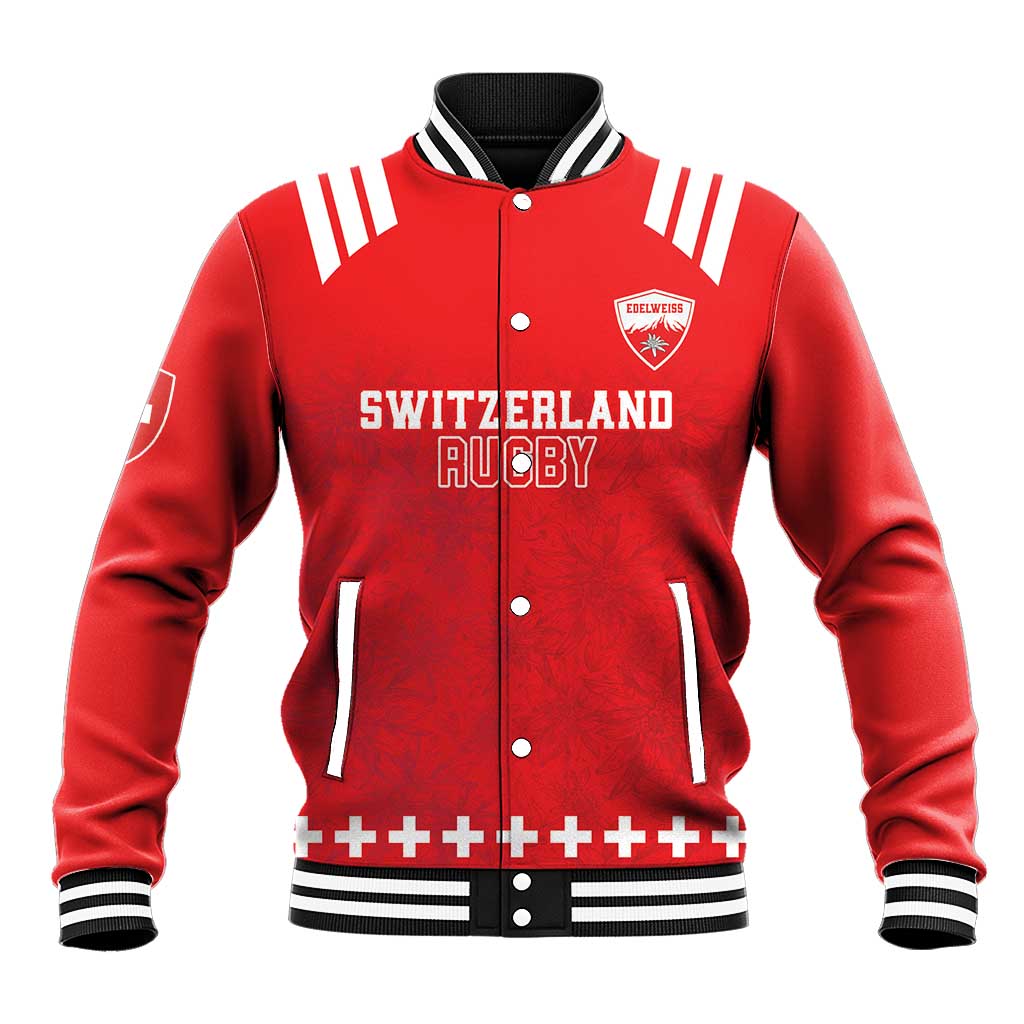 Red rugby baseball jacket with ribbed collar, striped cuffs, snap front, Switzerland Rugby print