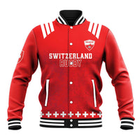 Red rugby baseball jacket with ribbed collar, striped cuffs, snap front, Switzerland Rugby print