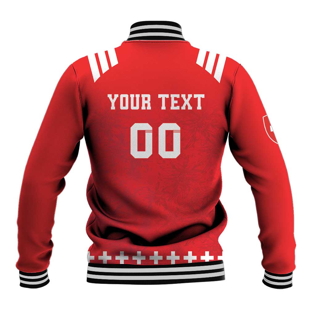 Red rugby baseball jacket back with Your text 00 graphic, striped ribbed cuffs and hem