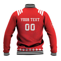 Red rugby baseball jacket back with Your text 00 graphic, striped ribbed cuffs and hem