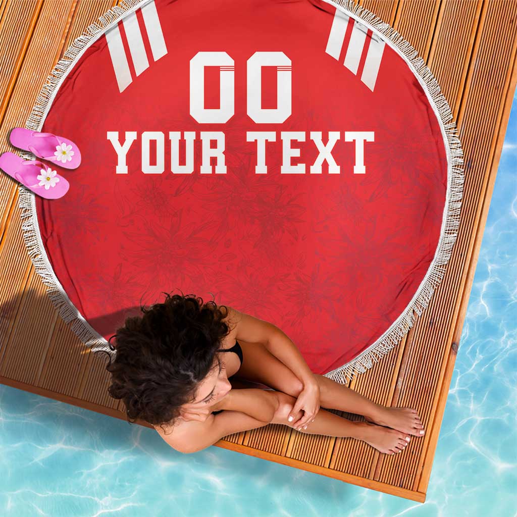 Red round beach blanket with white fringe and "YOUR TEXT" lettering with "00" at top