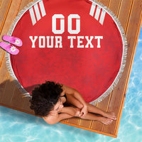 Red round beach blanket with white fringe and "YOUR TEXT" lettering with "00" at top